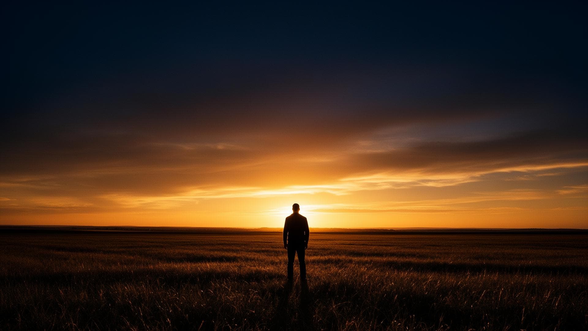 A figure looking out toward a sunset horizon